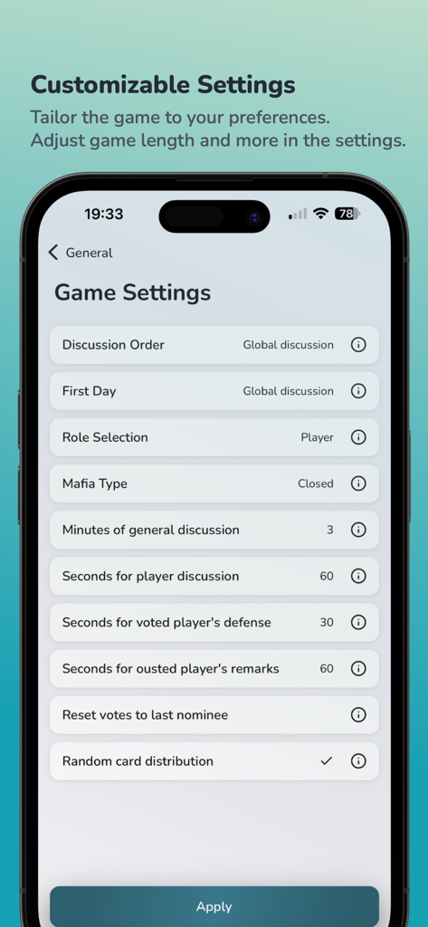 Mafia - Role game - Anpassbarer Spieleinstellungsbildschirm in der Mafia-Rollenspiel-App mit Diskussions-Timern und Regeln