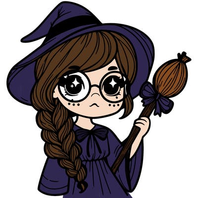 a witch with a braid and two glasses