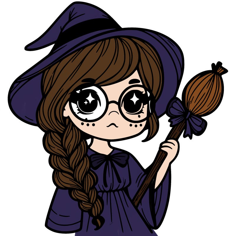 a witch with a braid and two glasses
