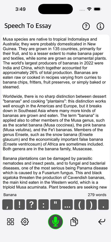 Speech To Essay app screen showing text editor with punctuation hotkeys and microphone button.