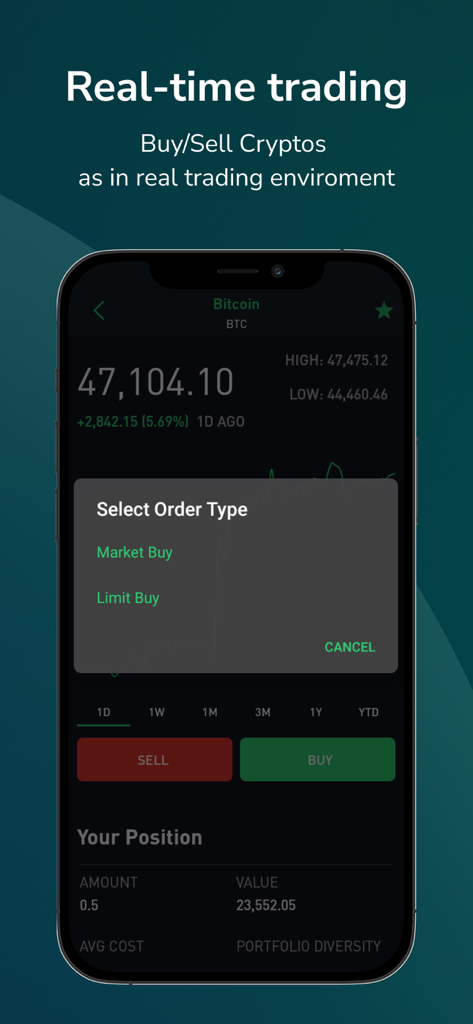 CryptoSim: Market Simulator - CryptoSim app screen showing real time crypto trading and buy order options