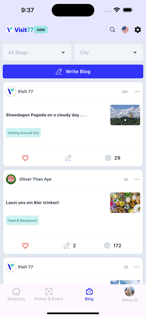 Visit 77 : Travel Platform - Visit 77 mobile app blog screen featuring travel posts and local community recommendations