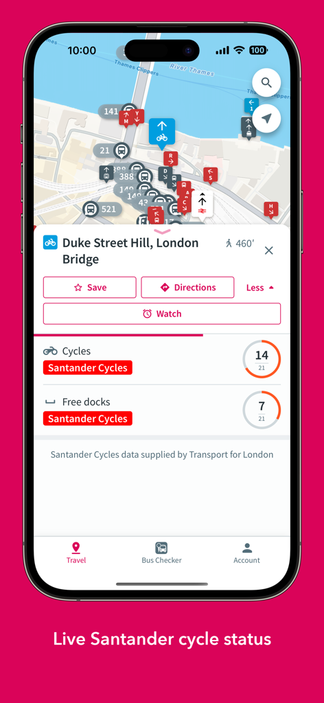 London Bus Checker app showing live Santander Cycles bike and dock availability at Duke Street Hill station