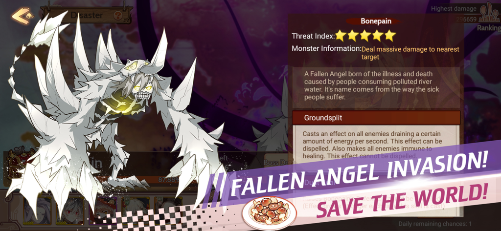 Food Fantasy - Bosskampf-Bildschirm gegen den Gefallenen Engel Bonepain in Food Fantasy mit dem Text Gefallenen-Engel-Invasion – Rette die Welt