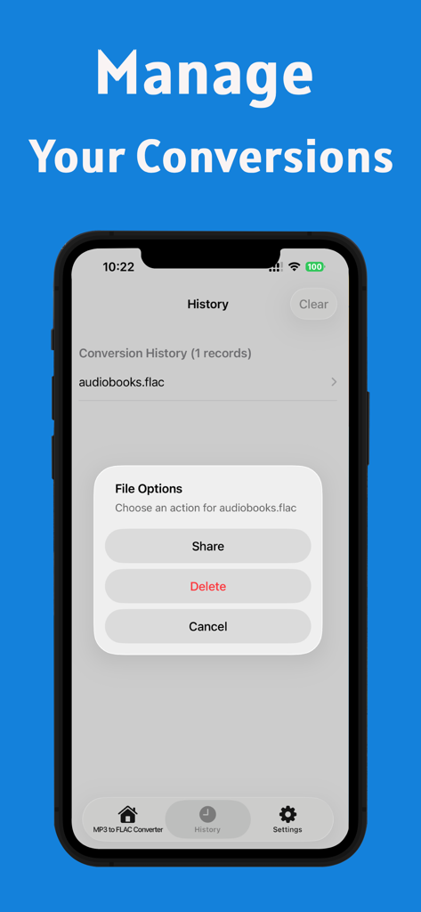 Mp3 to Flac Conversion - MP3からFLACへの変換アプリの変換履歴を表示するスマートフォン画面。ファイルを共有または削除するオプションがあります。