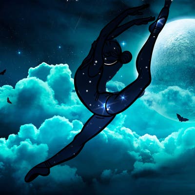 gymnast doing a leap in a leotard with a bent back leg