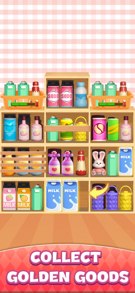 Gameplay of Match Triple Sort Goods Master where a player organizes grocery items on shelves to collect golden goods
