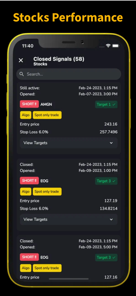 AI Pro Trading Signal - AI Pro Trading Signal app screen displaying a list of closed stock trading signals with entry prices and performance targets