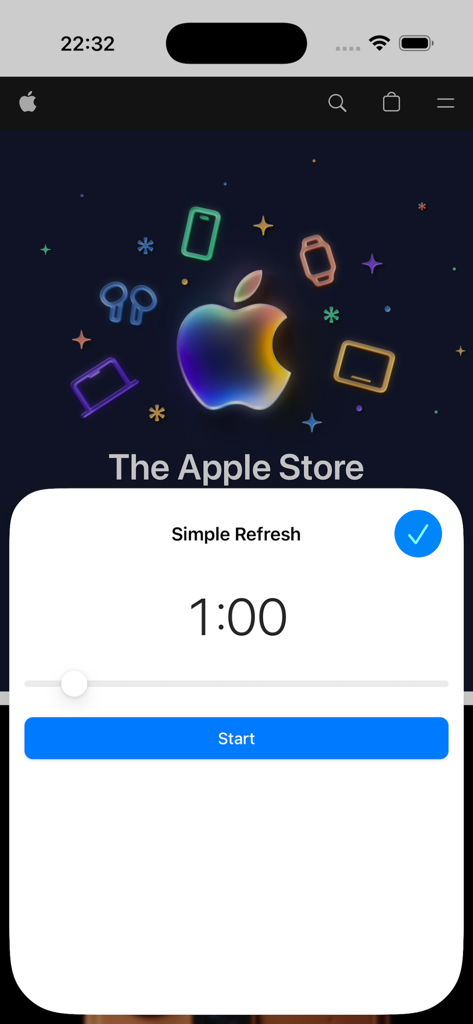 Simple Refresh for Safari extension interface on iPhone showing a one minute auto refresh timer overlaying the Apple Store website