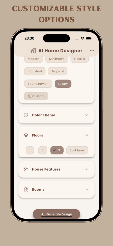 AI Home Design Landscape - Mobile app interface for AI Home Design showing customizable architectural styles and floor options