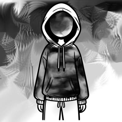 faceless girl in a tracksuit with a hood on and no hair