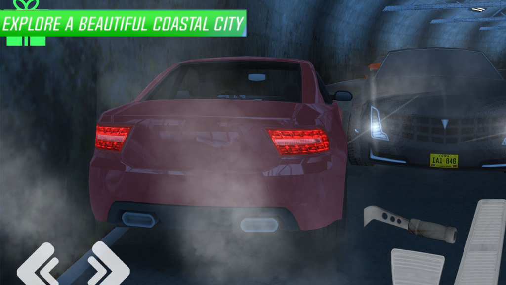 Ultimate Car Driving - Rear view of a pink sedan driving in a tunnel in the Ultimate Car Driving mobile game