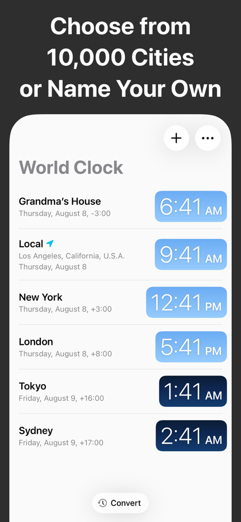 World Clock Time Zone Widgets - 월드 클락 위젯과 사용자 지정 도시 이름이 있는 모바일 앱 화면