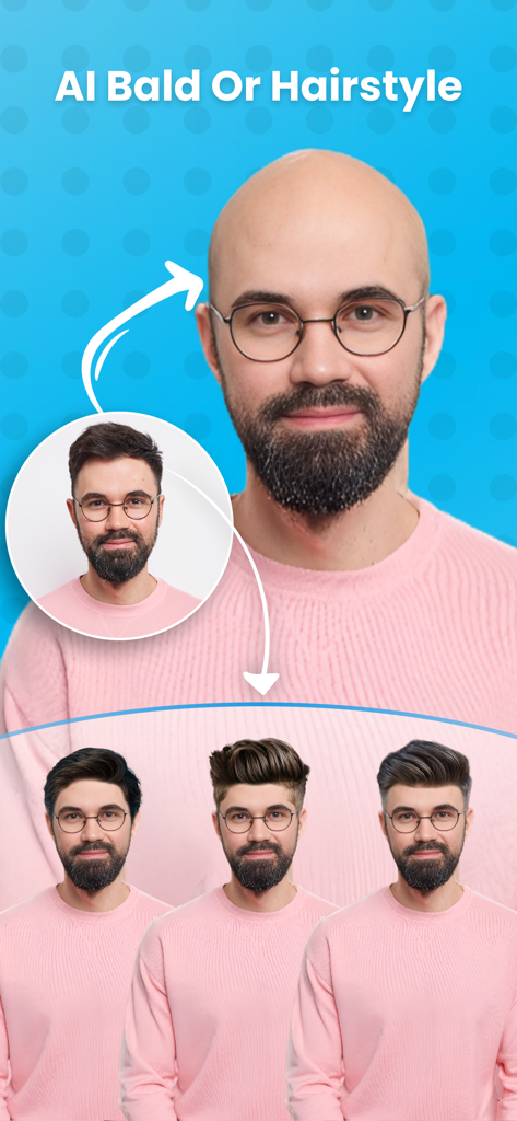 AI Bald Camera Photo Editor - Une démonstration d'un homme utilisant le filtre chauve IA et essayant diverses coiffures.