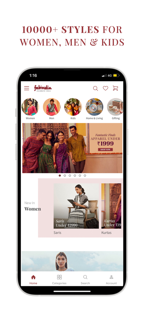 Fabindia Online Shopping - Home screen of the Fabindia shopping app showing ethnic clothing for women men and kids