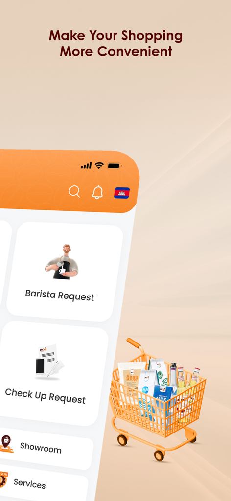 KOFI - Interfaz de la aplicación KOFI mostrando opciones de solicitud de barista y servicio con un carrito de compras de suministros de café