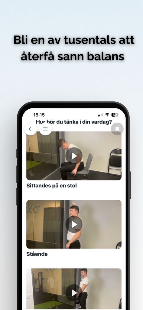 Cleer App - Cleer app interface showing postural training video exercises for sitting and standing.