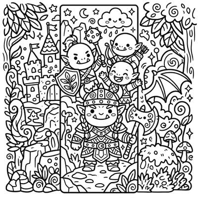 Dive into a charming fantasy world with this Kawaii Orcs coloring bookmark. Featuring adorable orc warriors and a whimsical landscape, it's perfect for a quick, creative escape.