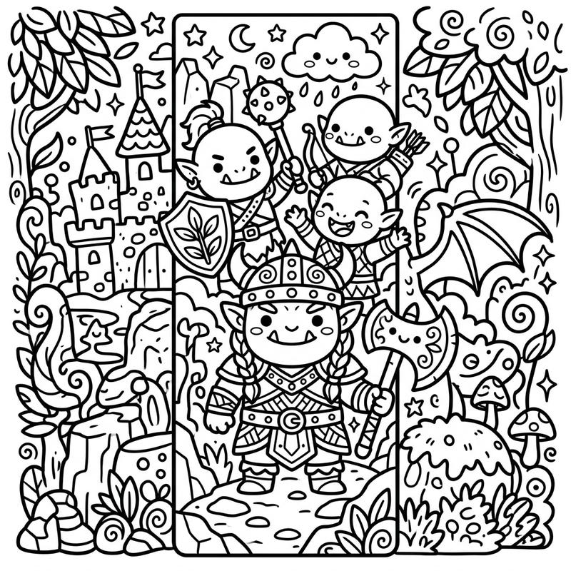 Dive into a charming fantasy world with this Kawaii Orcs coloring bookmark. Featuring adorable orc warriors and a whimsical landscape, it's perfect for a quick, creative escape.