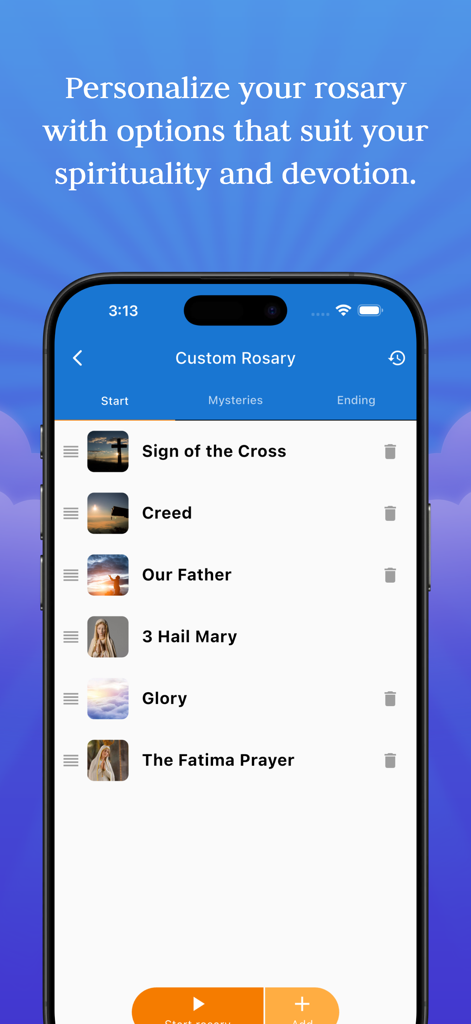 Screen showing options to personalize and sequence prayers in the Holy Rosary app