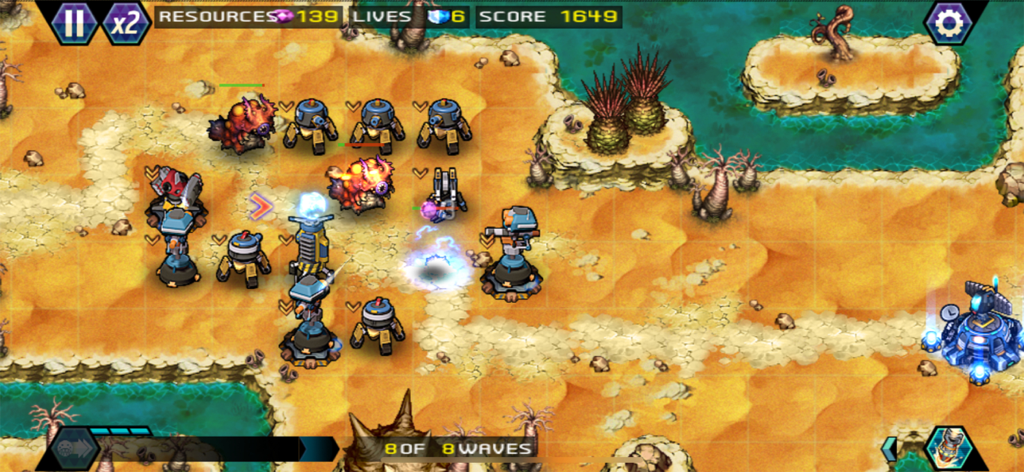 Gameplay of Tower Defense Infinite War showing towers defending against monsters in a desert level