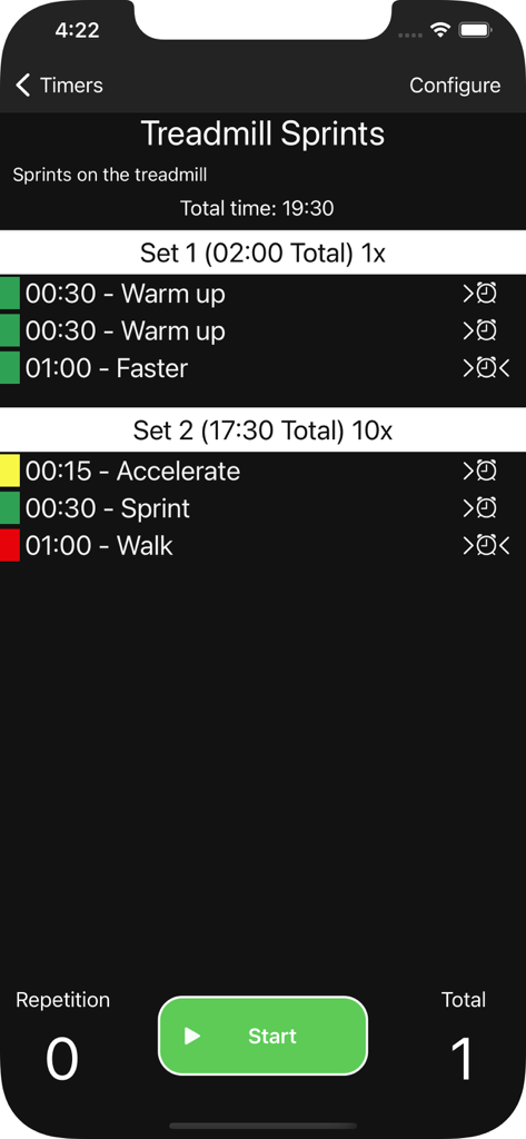 Intervals Timer - Intervals Timer app screen showing a customized treadmill sprint workout with warm up and interval sets