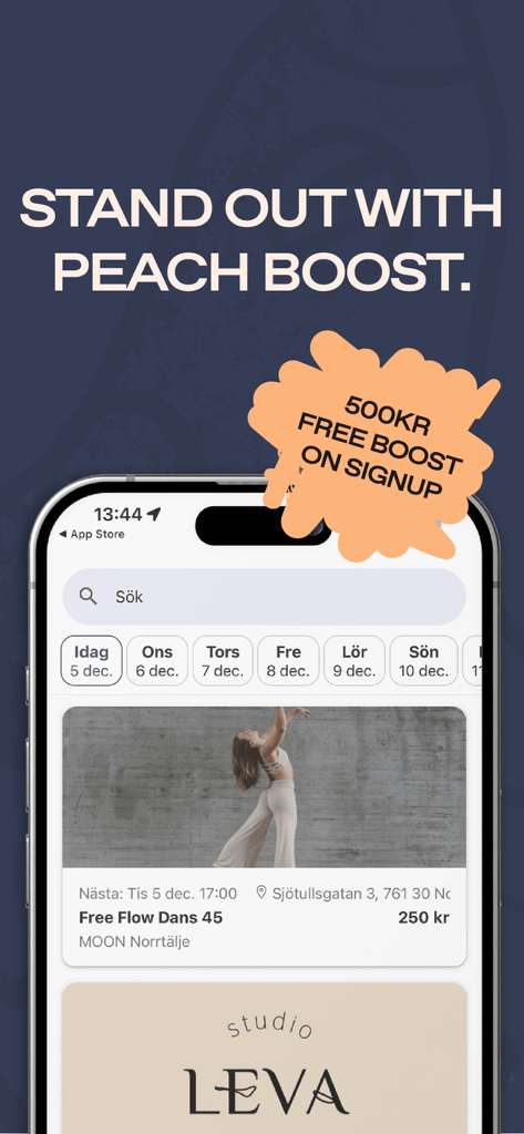Peach - Classes & Workshops - Peach app screen displaying a dance class booking and a signup promotion