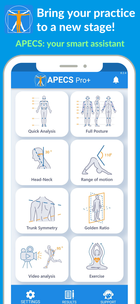 APECS Pro mobile app dashboard displaying various posture evaluation tools like Quick Analysis, Full Posture, Head Neck, and Range of Motion
