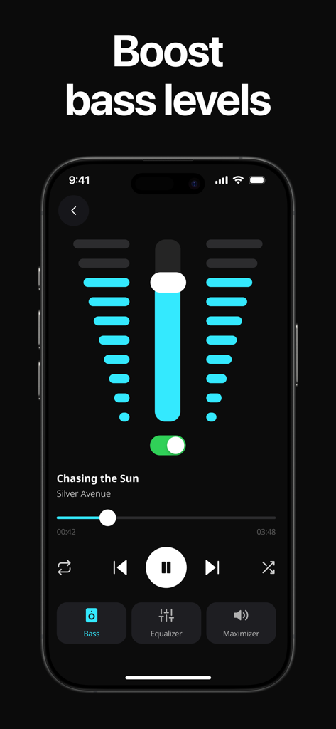 Interface d'une application iPhone montrant les niveaux d'amplification des basses avec un curseur bleu
