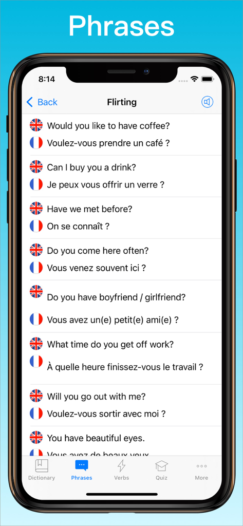 French Dictionary app screen showing French translations for flirting phrases