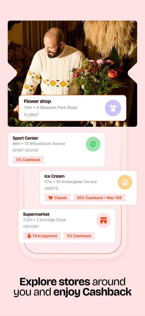 Satispay: Pay and invest - Satispay app screen showing nearby stores like a flower shop, sports center, and supermarket with cashback rewards.