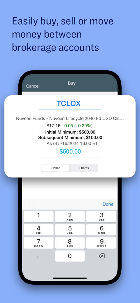 TIAA - Interface for buying and selling mutual funds in the TIAA mobile app
