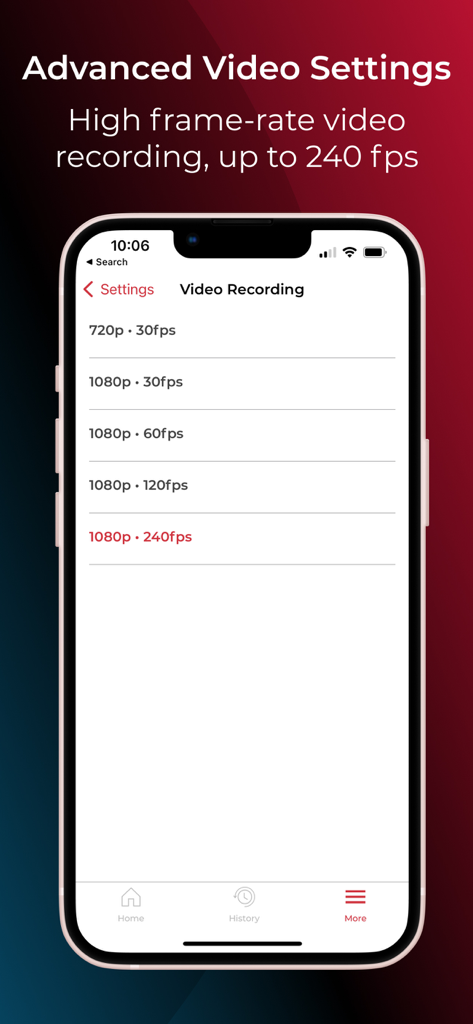 Pocket Radar® Sports - Advanced video settings menu for high frame rate recording in the Pocket Radar app.