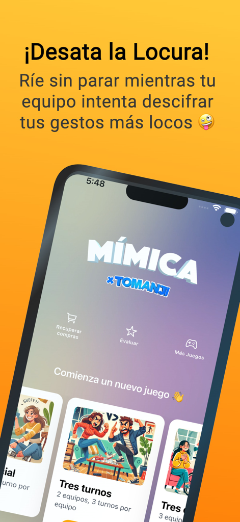 Mímica x Tomanji - Home screen of the Mimica x Tomanji party game app featuring various miming game modes