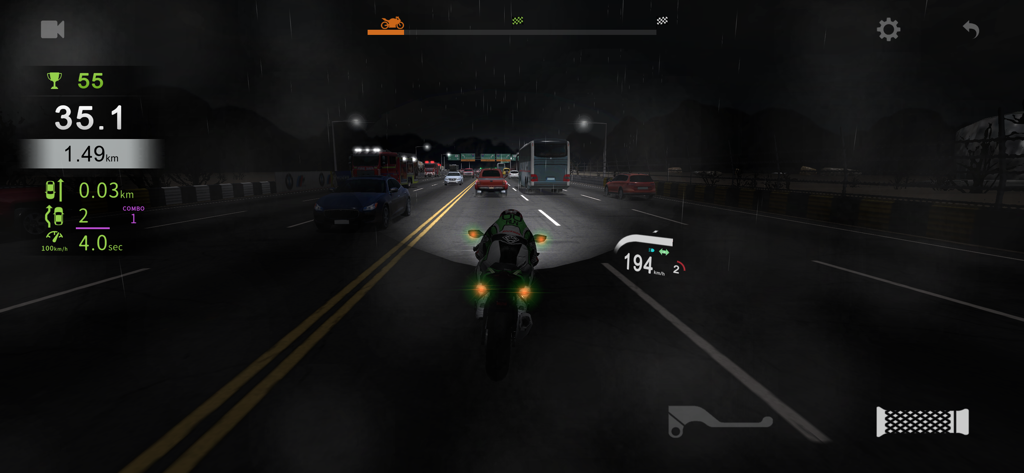 Real Moto Traffic - A motorcycle racing through highway traffic at night in the rain in third person view