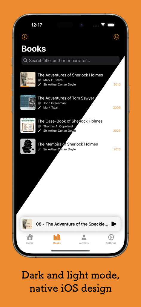 plappa - Una vista a schermo diviso dell'interfaccia dell'app lettore di audiolibri plappa che mostra sia le modalità scura che chiara con un design nativo iOS.