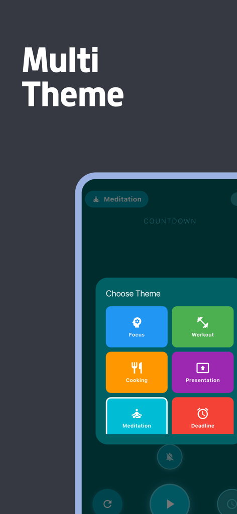Minimal Timer - Big Stopwatch - Minimal Timer app screen displaying various colorful theme options for different activities like Focus Workout and Meditation