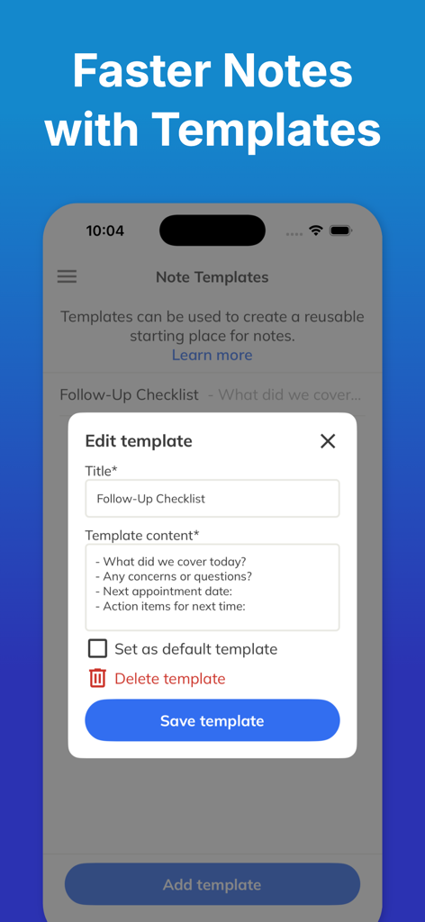 Mobile app screen showing the editing interface for a client follow-up checklist note template