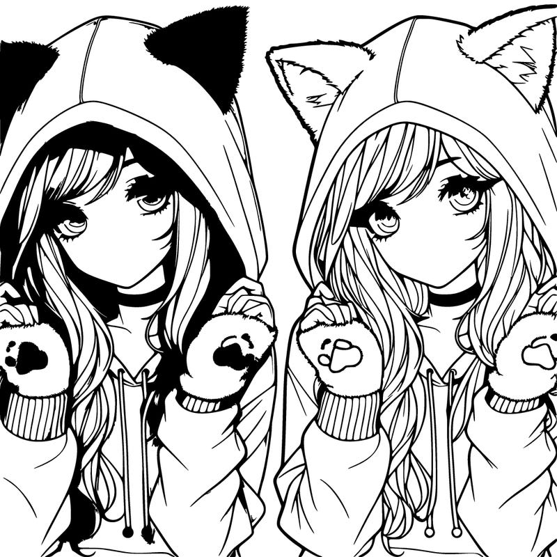 realistic girl in hoodie with cat ears and cat paw gloves