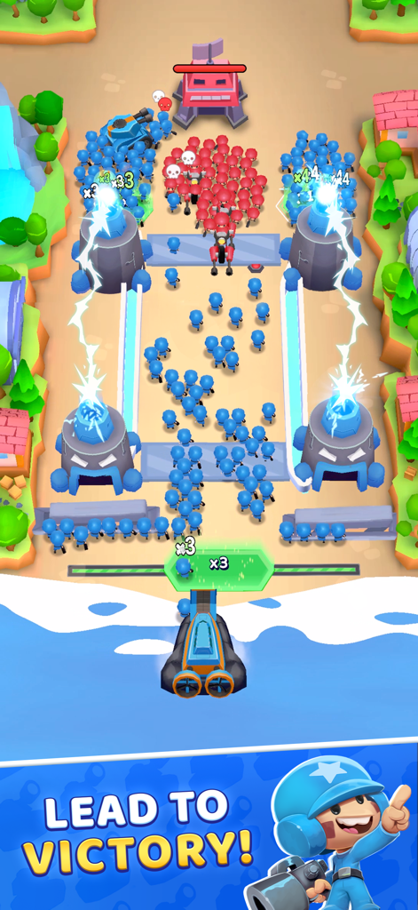 Grunt Rush: Battle & Conquer - Blue soldiers multiplying through gates to attack a red enemy base in Grunt Rush