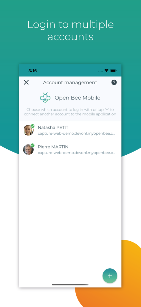 Open Bee Mobile - Account management screen in Open Bee Mobile app for switching between multiple user accounts