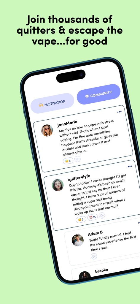 Escape the Vape - Quit Vaping - Uma tela de smartphone mostrando o feed de apoio da comunidade no aplicativo Escape the Vape, onde os usuários compartilham suas histórias e conselhos sobre como parar de fumar