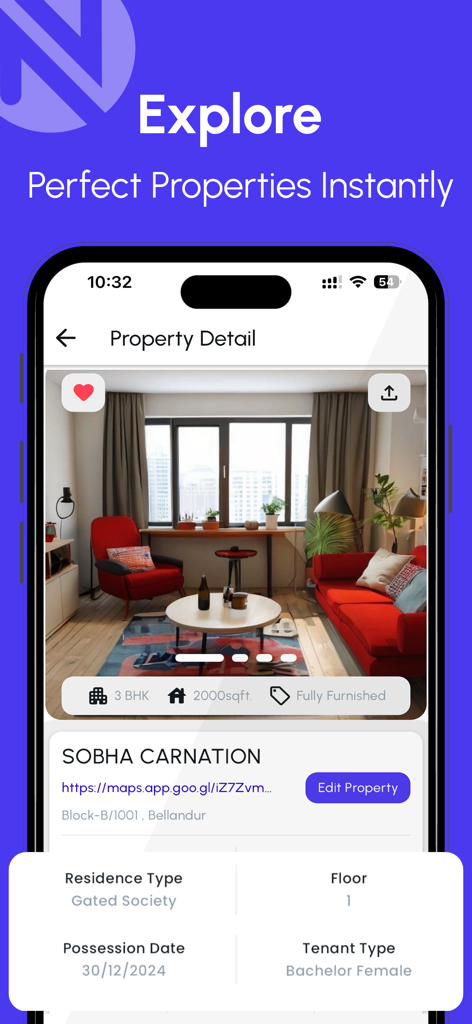 UpHomes - UpHomes app screenshot showing a detailed rental property listing with photos and specific apartment features.