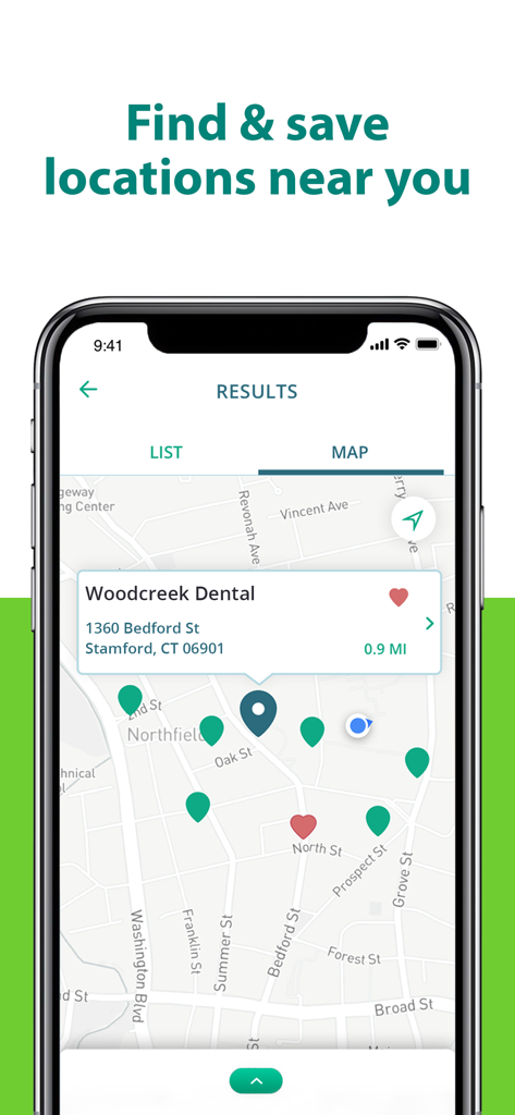 Kartenoberfläche der CareCredit Mobile App mit teilnehmenden Gesundheitsdienstleistern in der Nähe
