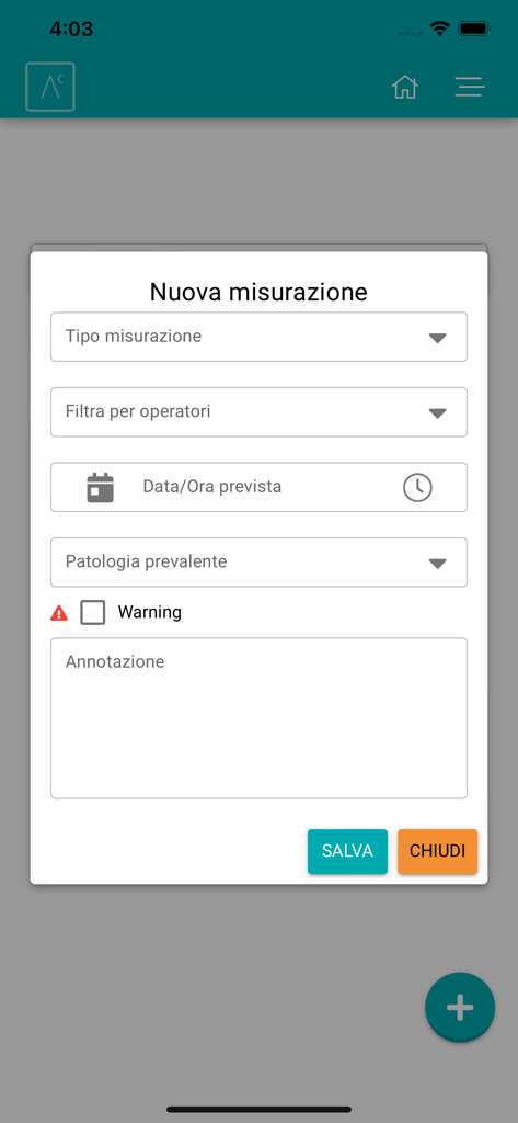 Advenias Care Domiciliare - Una schermata popup di un'app mobile che mostra un modulo di nuova misurazione con campi di inserimento per tipo di misurazione, personale, data, patologia e note.