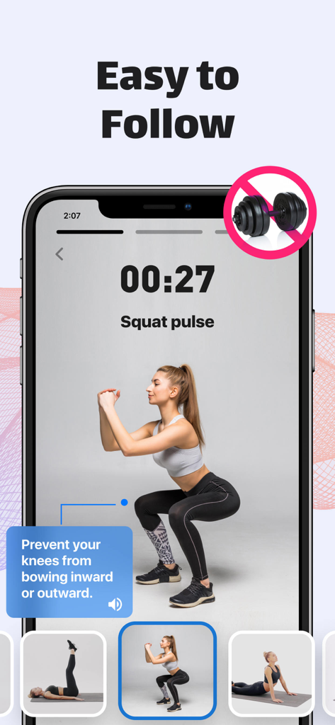 Mobile app screen showing a woman performing a squat pulse exercise with a timer and form guidance