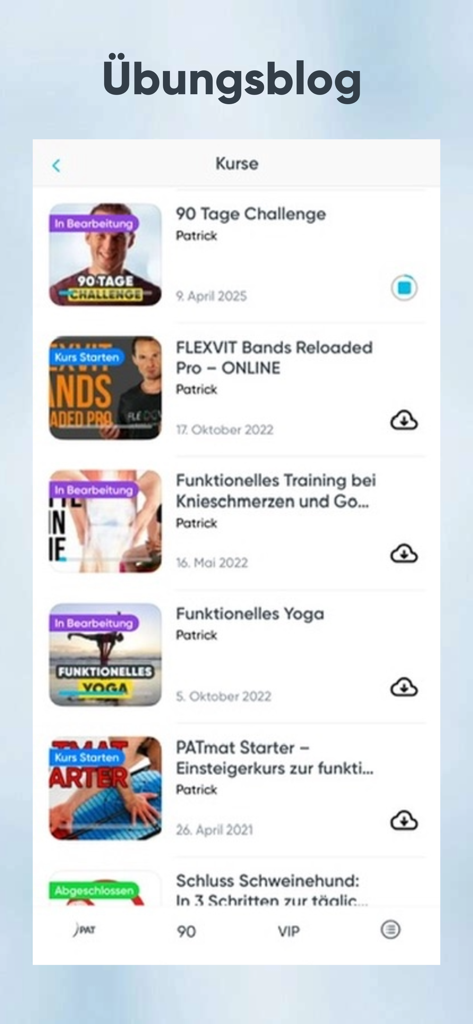 PAT.fit - Ein mobiler Bildschirm, der eine Liste deutscher Fitnesskurse in der PAT.fit App anzeigt, einschließlich der 90-Tage-Challenge und Functional Yoga.