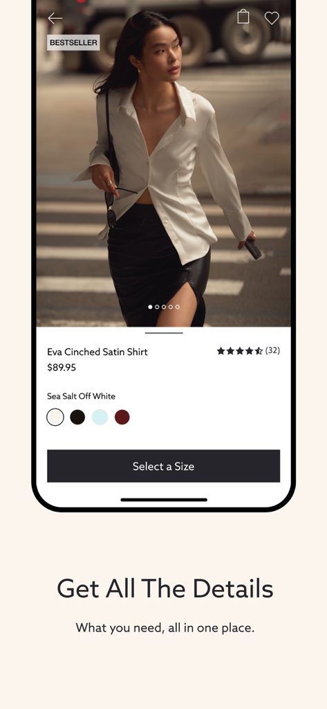 Dynamite: Online Fashion - Page de détail du produit de l'application de mode Dynamite présentant la chemise satinée cintrée Eva avec le prix et les options de couleur