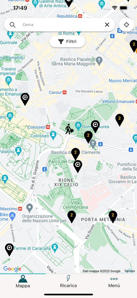 Acea e-mobility - Visualizzazione su mappa delle stazioni di ricarica per veicoli elettrici a Roma all'interno dell'app mobile Acea e-mobility
