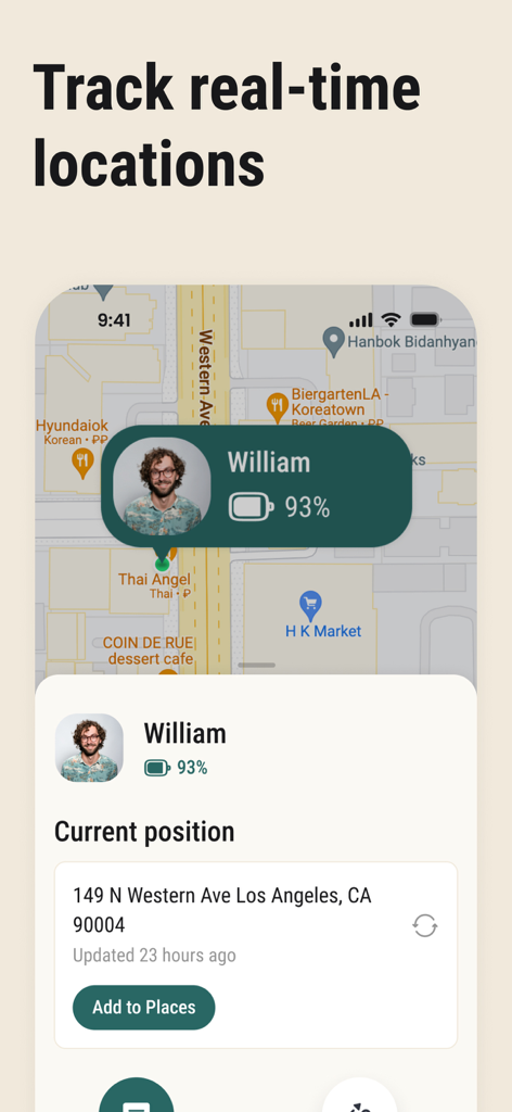 Interfaz que muestra el rastreo de ubicación en tiempo real con el estado de la batería y la información de la dirección